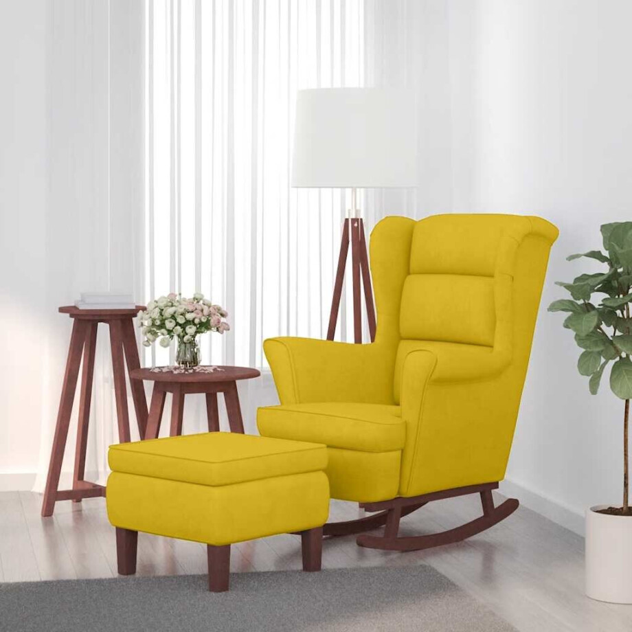 vidaXL Schommelstoel met oorleuning, geel fluweel massief hout afbeelding 1