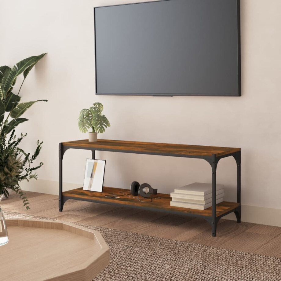 vidaXL Tv-meubel 100x33x41 cm bewerkt hout en staal gerookt eikenkleur afbeelding 1