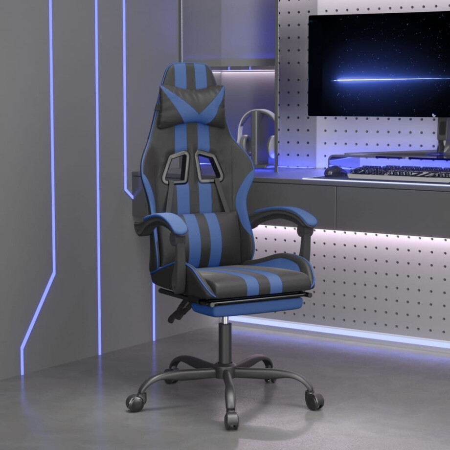 vidaXL Gamestoel draaibaar met voetensteun kunstleer zwart en blauw vidaXL Gamestoel draaibaar met voetensteun kunstleer zwart en blauw afbeelding 1