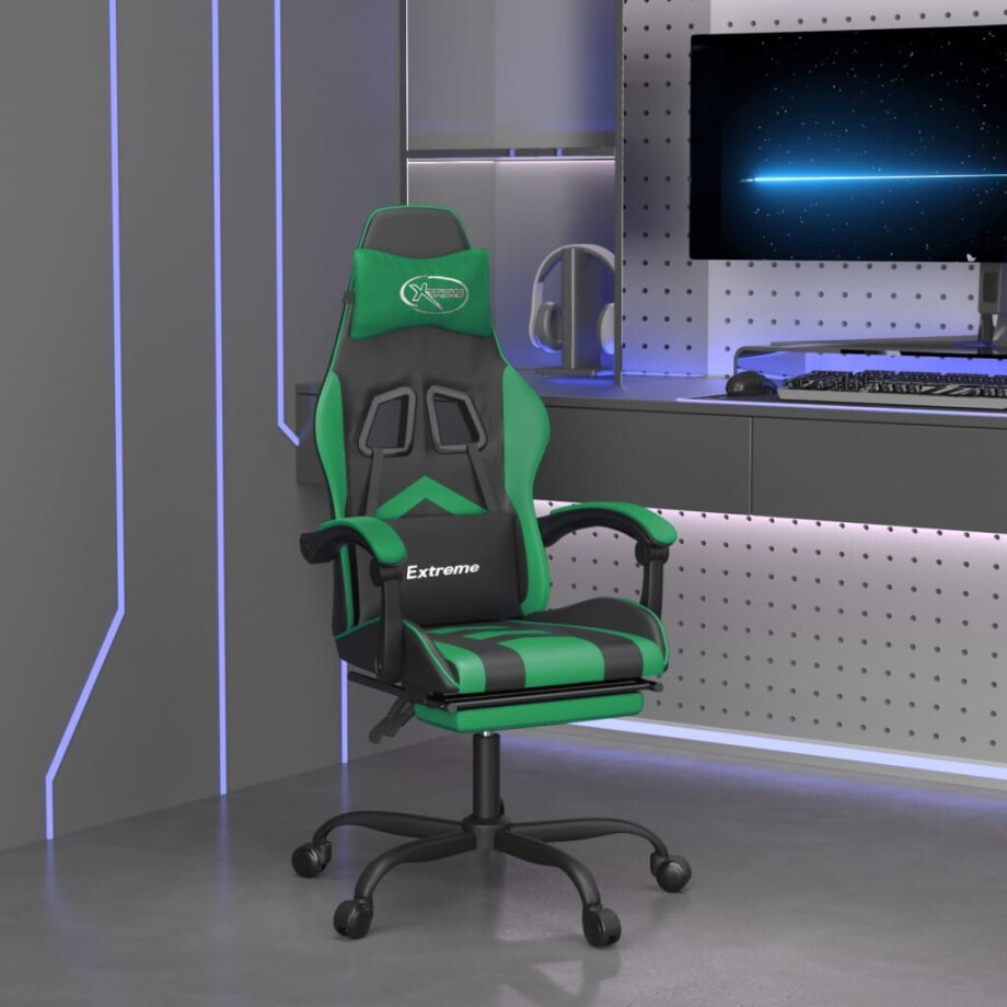 vidaXL Gamestoel draaibaar met voetensteun kunstleer zwart en groen vidaXL Gamestoel draaibaar met voetensteun kunstleer zwart en groen afbeelding 1
