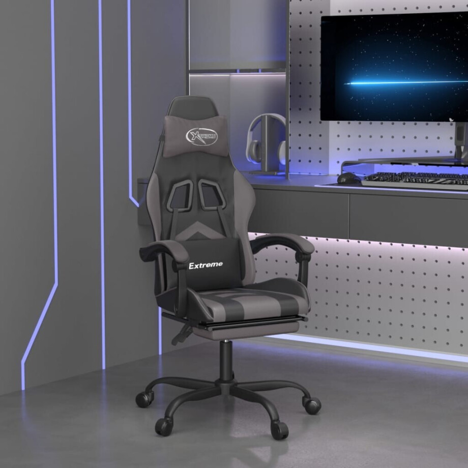 vidaXL Gamestoel draaibaar met voetensteun kunstleer zwart en grijs afbeelding 1