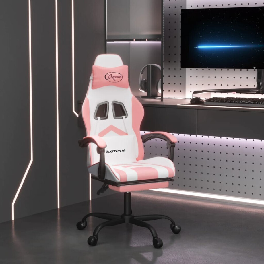 vidaXL Gamestoel draaibaar met voetensteun kunstleer wit en roze afbeelding 1