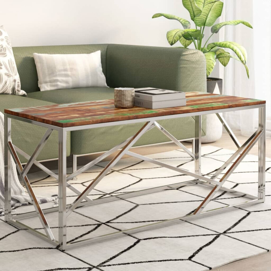 vidaXL Salontafel roestvrij staal en gerecycled hout zilverkleurig afbeelding 1