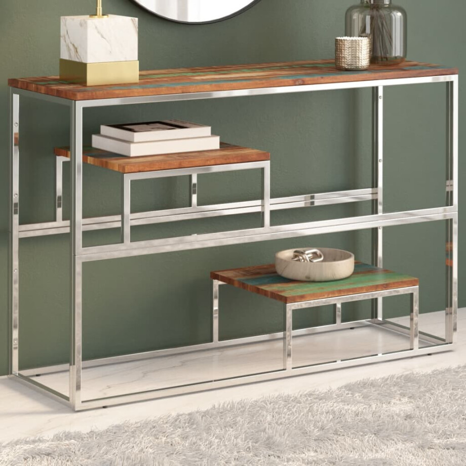 vidaXL Wandtafel roestvrij staal en massief gerecycled hout zilver vidaXL Wandtafel roestvrij staal en massief gerecycled hout zilver afbeelding 1