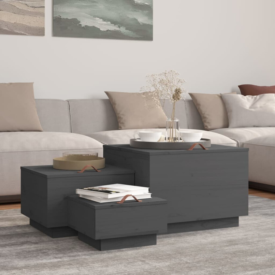 vidaXL Opbergboxen met deksels 3 st massief grenenhout grijs afbeelding 1