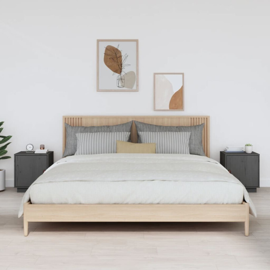 vidaXL Nachtkastjes 2 st 40x34x45 cm massief grenenhout grijs afbeelding 1