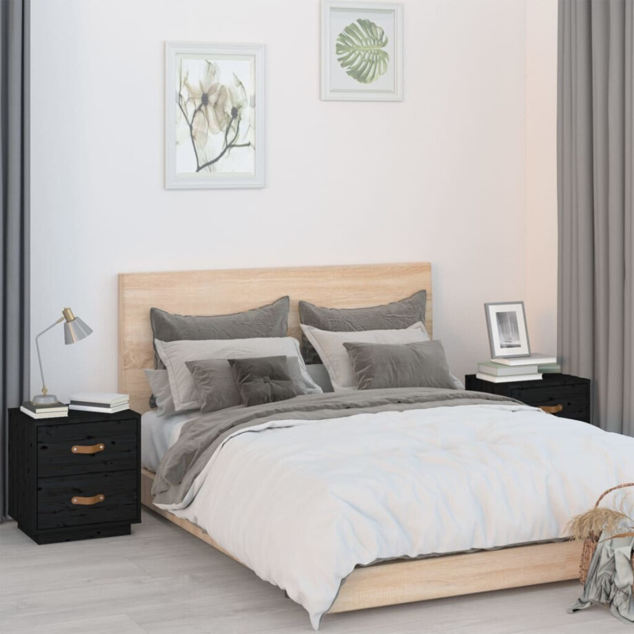 vidaXL Nachtkastjes 2 st 40x34x45 cm massief grenenhout zwart afbeelding 1