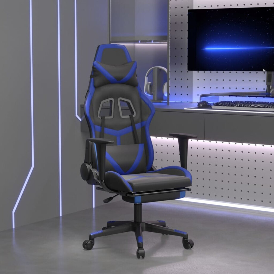 vidaXL Gamestoel met voetensteun kunstleer zwart en blauw afbeelding 1