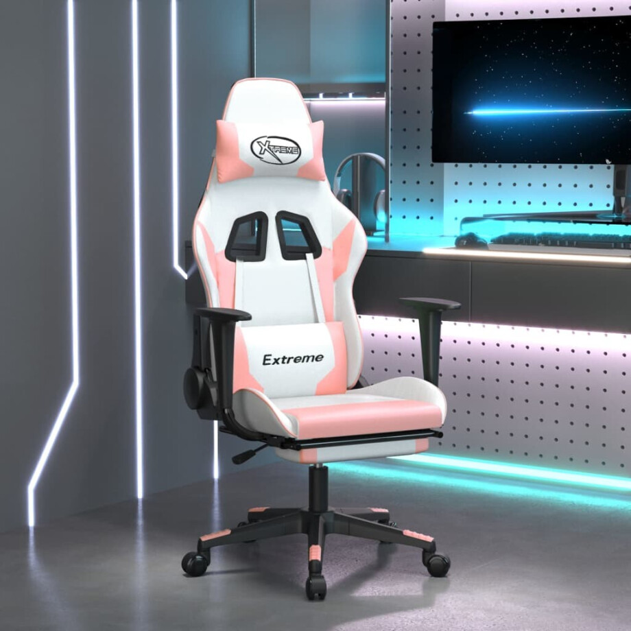 vidaXL Gamestoel met voetensteun kunstleer wit en roze afbeelding 1