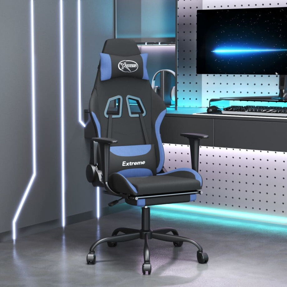 vidaXL Gamestoel met voetensteun stof zwart en blauw vidaXL Gamestoel met voetensteun stof zwart en blauw afbeelding 1