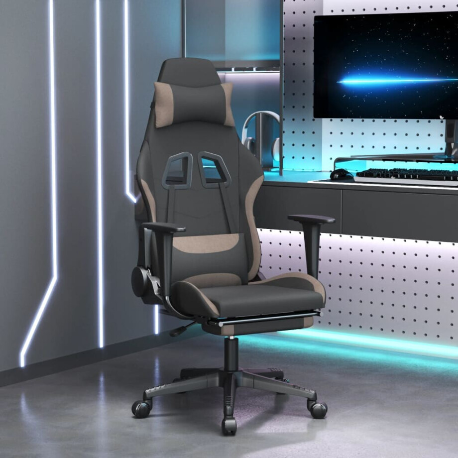 vidaXL Gamestoel met voetensteun stof zwart en taupe afbeelding 1