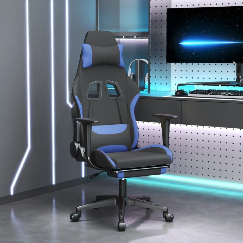 vidaXL Gamestoel met voetensteun stof zwart en blauw vidaXL Gamestoel met voetensteun stof zwart en blauw afbeelding 1