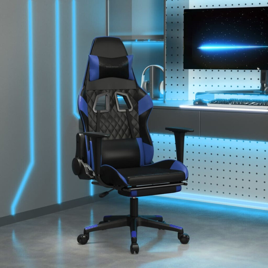 vidaXL Gamestoel met voetensteun kunstleer zwart en blauw afbeelding 1