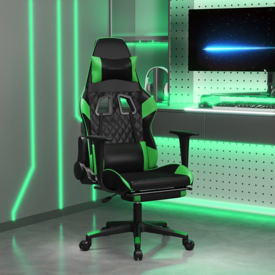 vidaXL Gamestoel met voetensteun kunstleer zwart en groen afbeelding 1
