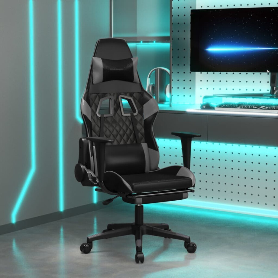 vidaXL Gamestoel met voetensteun kunstleer zwart en grijs afbeelding 1