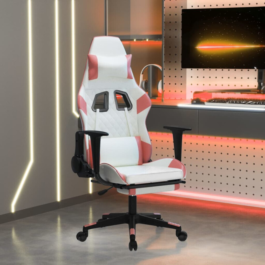 vidaXL Gamestoel met voetensteun kunstleer wit en roze vidaXL Gamestoel met voetensteun kunstleer wit en roze afbeelding 1