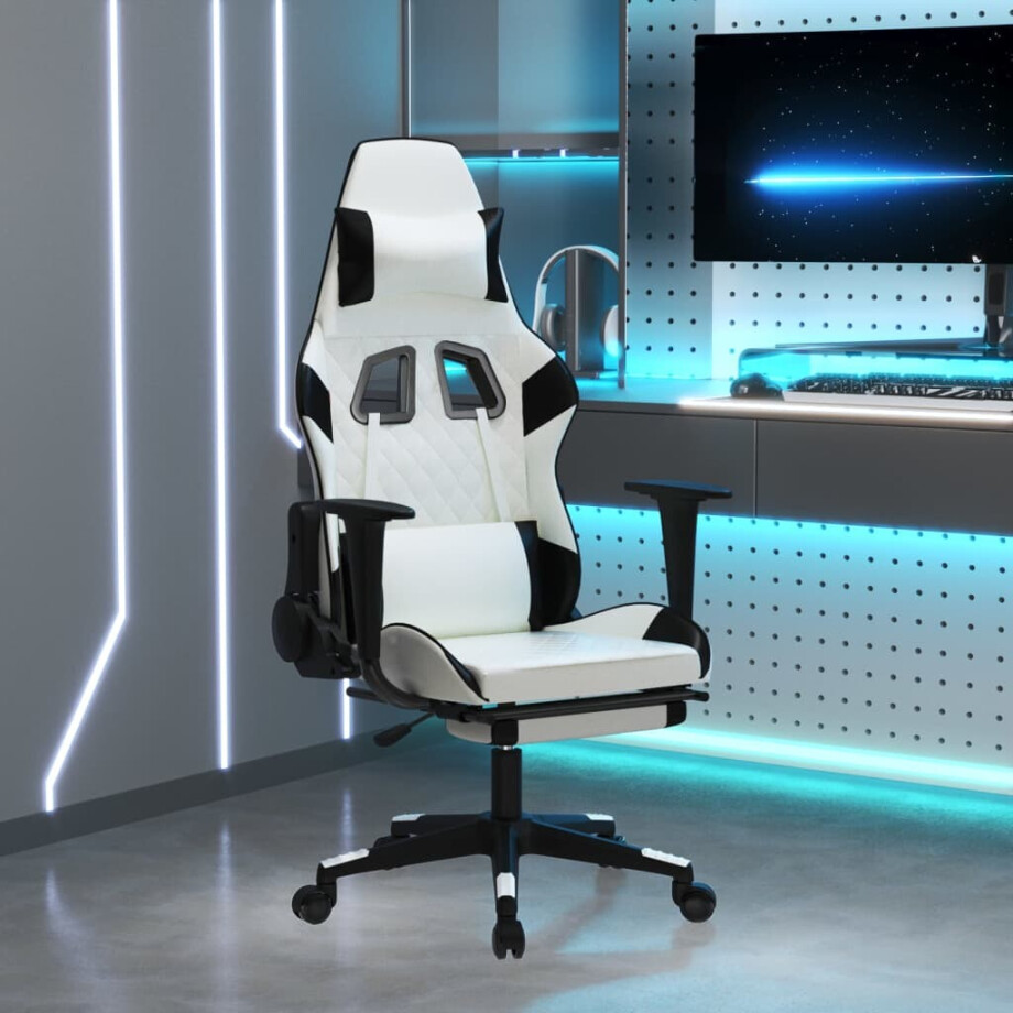 vidaXL Gamestoel met voetensteun kunstleer wit en zwart afbeelding 1