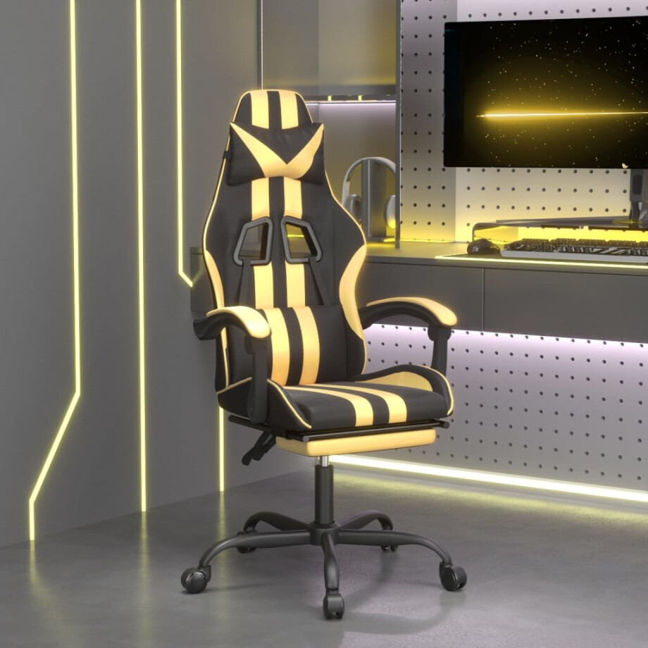 vidaXL Gamestoel met voetensteun kunstleer zwart en goudkleurig afbeelding 1
