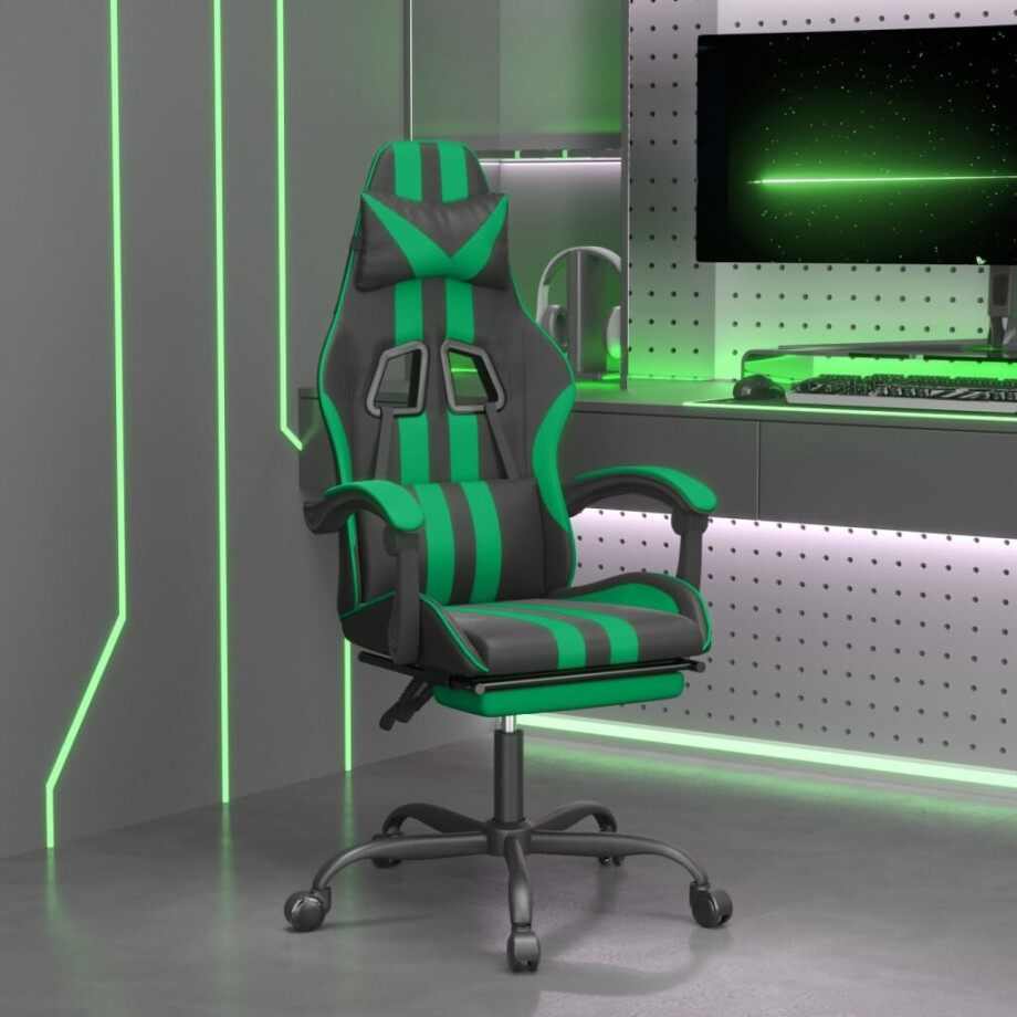 vidaXL Gamestoel met voetensteun kunstleer zwart en groen afbeelding 1