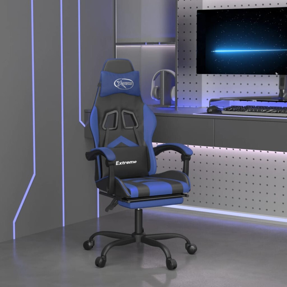vidaXL Gamestoel met voetensteun kunstleer zwart en blauw afbeelding 1