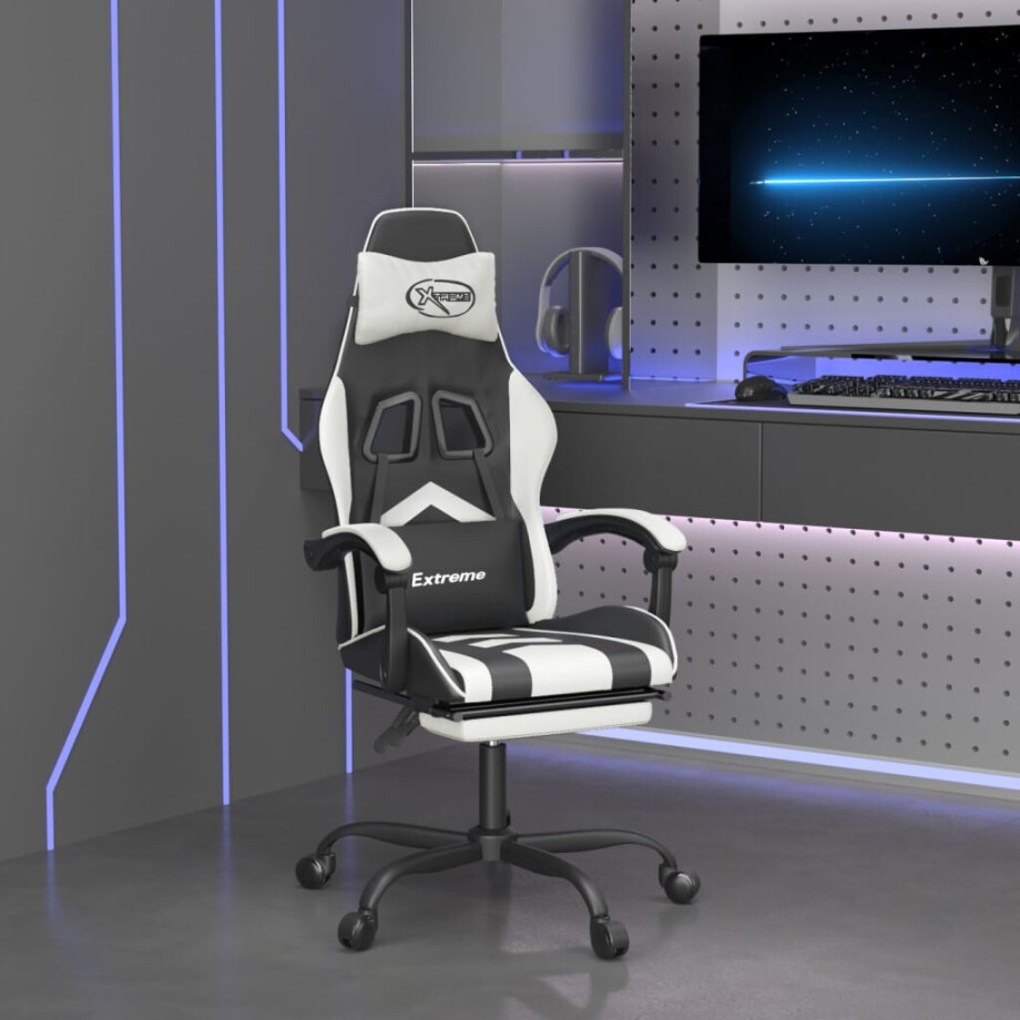 vidaXL Gamestoel met voetensteun kunstleer zwart en wit afbeelding 1