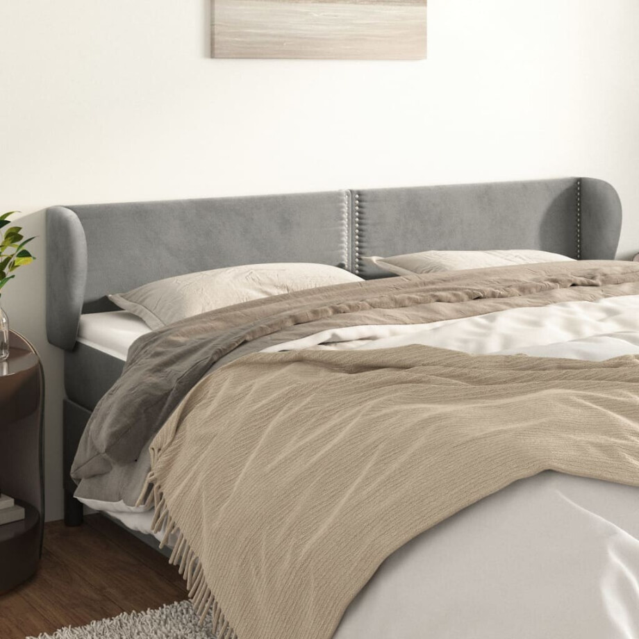 vidaXL Hoofdbord met randen 203x23x78/88 cm fluweel lichtgrijs afbeelding 1