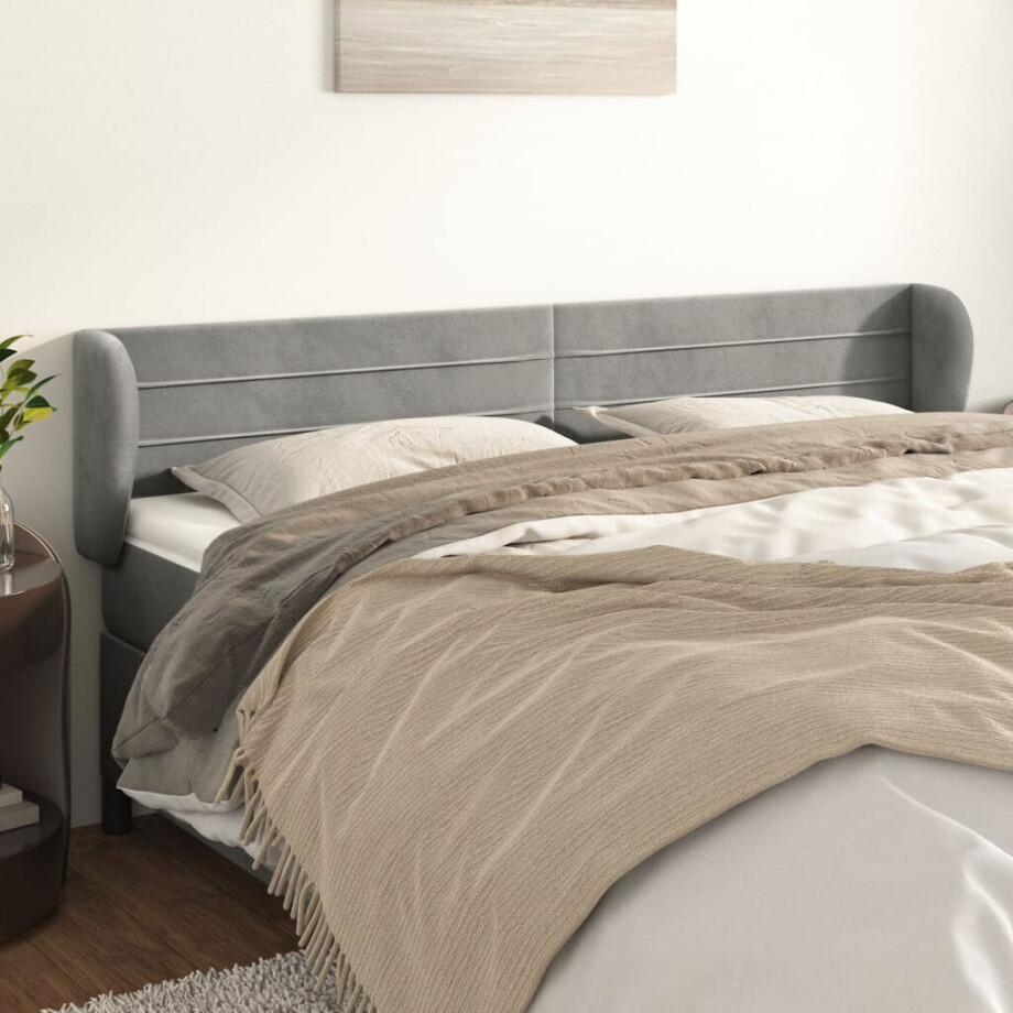 vidaXL Hoofdbord met randen 163x23x78/88 cm fluweel lichtgrijs afbeelding 1