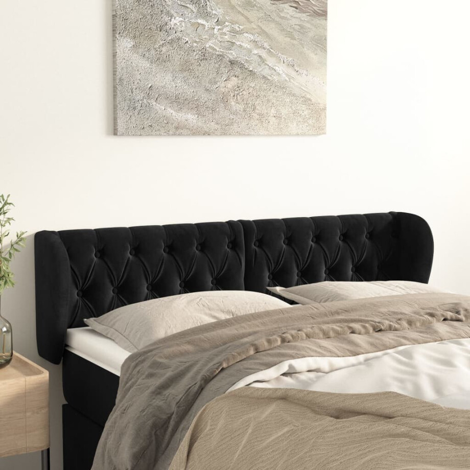 vidaXL Hoofdbord met randen 147x23x78/88 cm fluweel zwart afbeelding 1