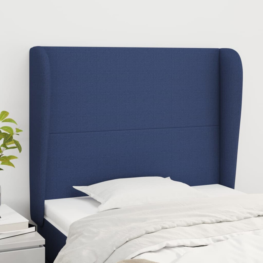 vidaXL Hoofdbord met randen 103x23x118/128 cm stof blauw afbeelding 1