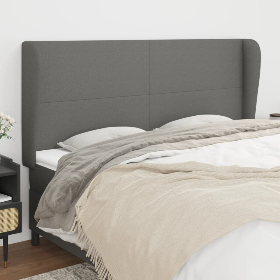vidaXL Hoofdbord met randen 203x23x118/128 cm stof donkergrijs afbeelding 1