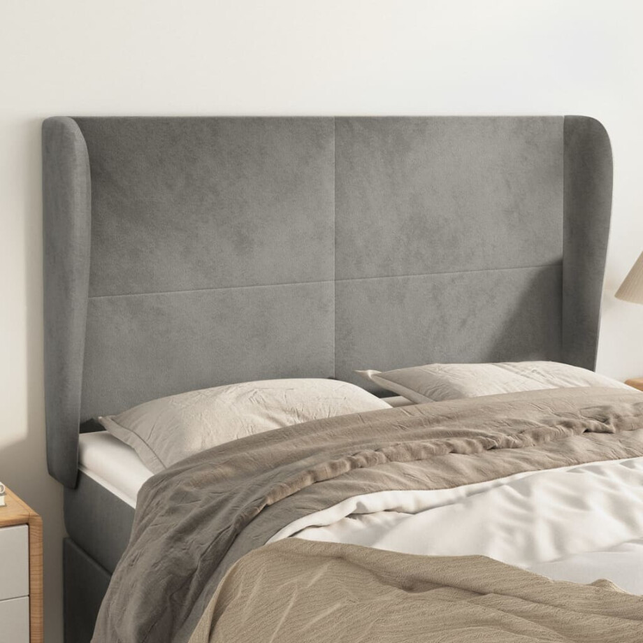 vidaXL Hoofdbord met randen 147x23x118/128 cm fluweel lichtgrijs afbeelding 1
