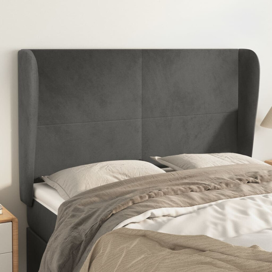vidaXL Hoofdbord met randen 147x23x118/128 cm fluweel donkergrijs afbeelding 1