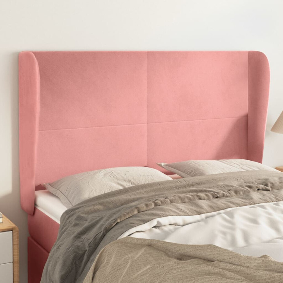 vidaXL Hoofdbord met randen 147x23x118/128 cm fluweel roze afbeelding 1