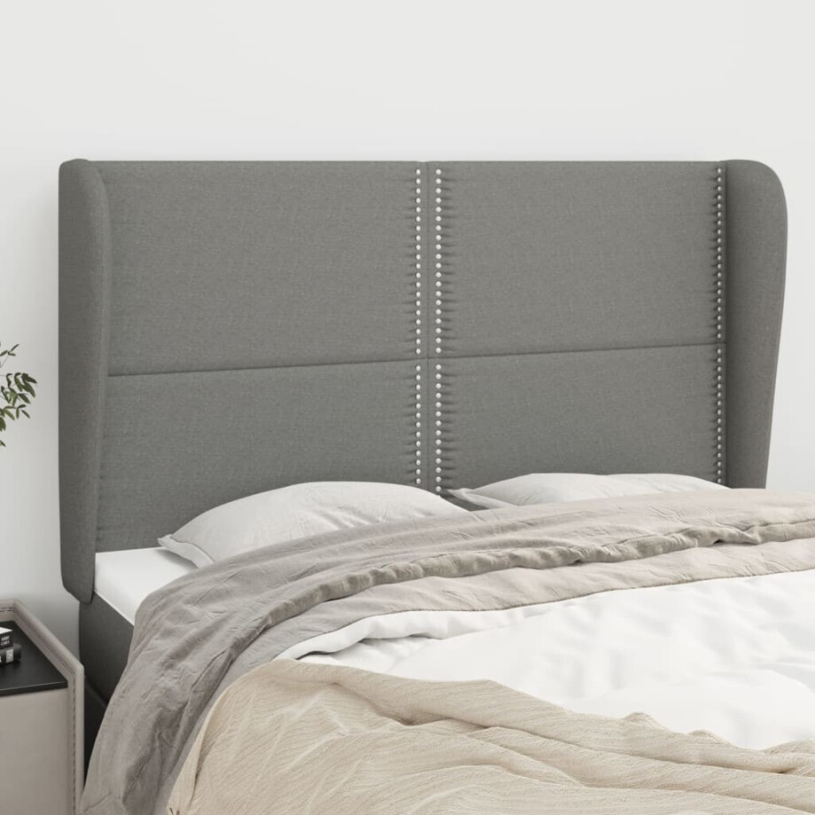 vidaXL Hoofdbord met randen 147x23x118/128 cm stof donkergrijs vidaXL Hoofdbord met randen 147x23x118/128 cm stof donkergrijs afbeelding 1