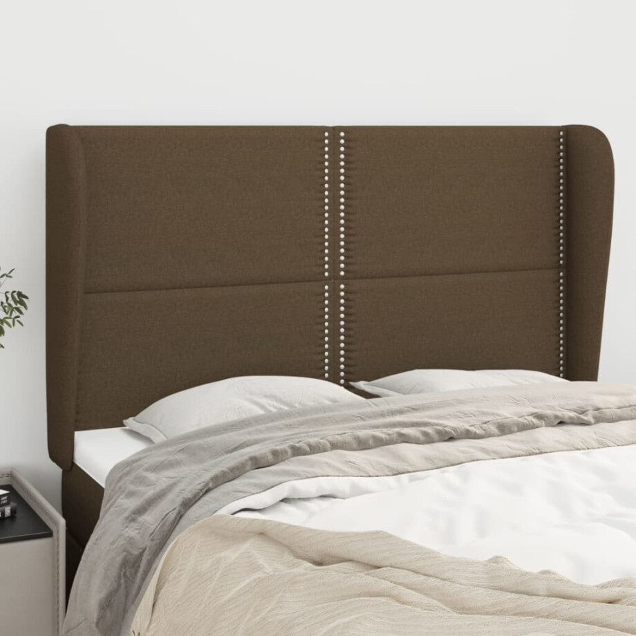 vidaXL Hoofdbord met randen 147x23x118/128 cm stof donkerbruin vidaXL Hoofdbord met randen 147x23x118/128 cm stof donkerbruin afbeelding 1