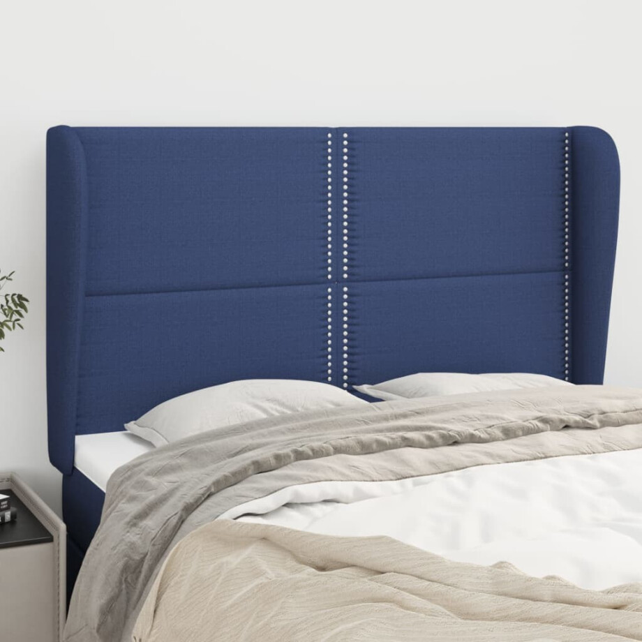 vidaXL Hoofdbord met randen 147x23x118/128 cm stof blauw vidaXL Hoofdbord met randen 147x23x118/128 cm stof blauw afbeelding 1