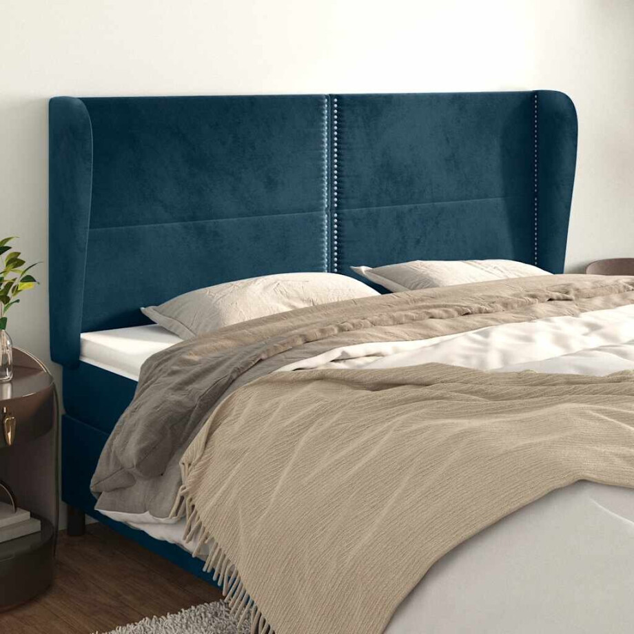 vidaXL Hoofdbord met randen 203x23x118/128 cm fluweel donkerblauw afbeelding 1