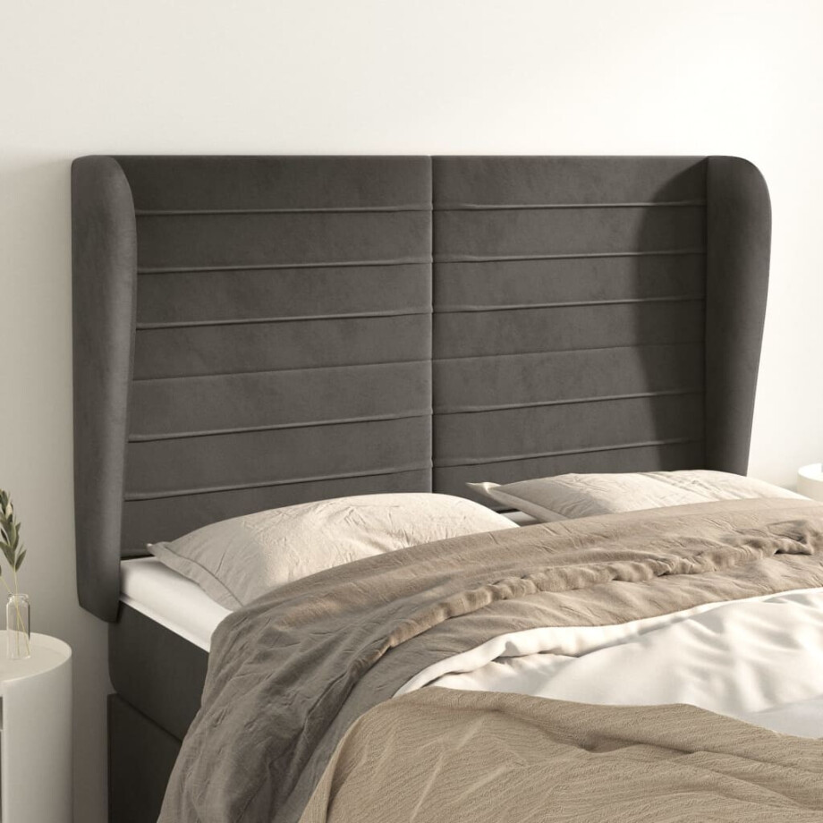 vidaXL Hoofdbord met randen 147x23x118/128 cm fluweel donkergrijs afbeelding 1
