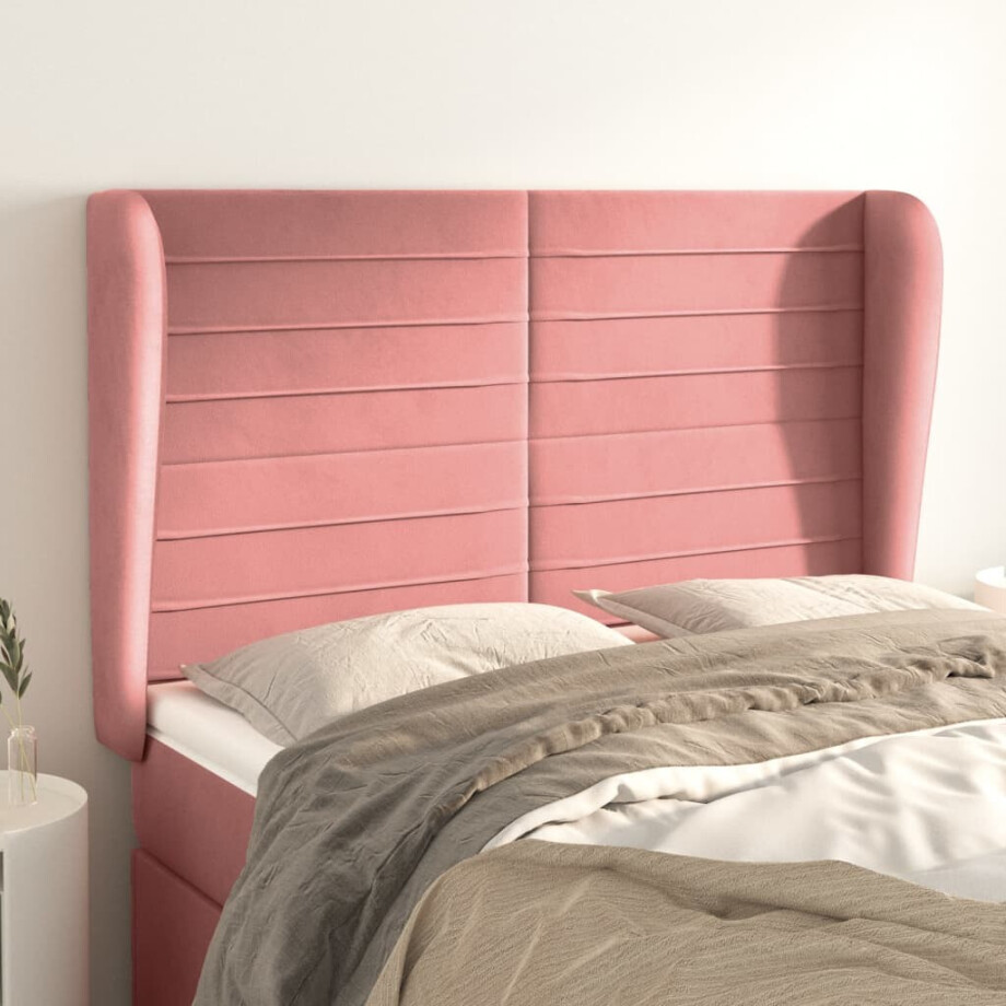 vidaXL Hoofdbord met randen 147x23x118/128 cm fluweel roze afbeelding 1