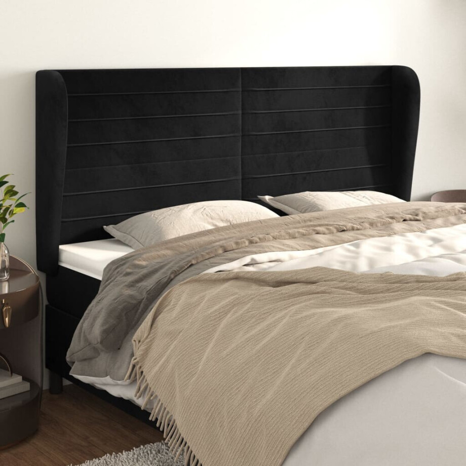 vidaXL Hoofdbord met randen 183x23x118/128 cm fluweel zwart afbeelding 1