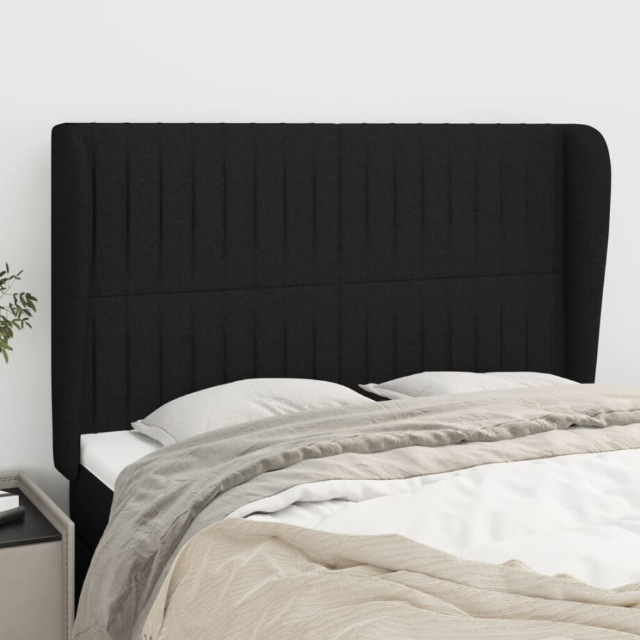 vidaXL Hoofdbord met randen 147x23x118/128 cm stof zwart afbeelding 1