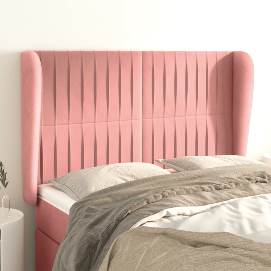 vidaXL Hoofdbord met randen 147x23x118/128 cm fluweel roze afbeelding 1
