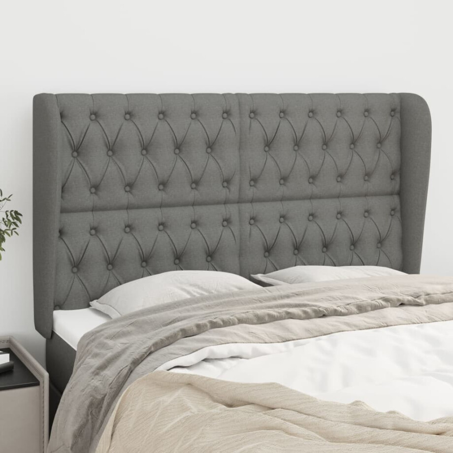 vidaXL Hoofdbord met randen 163x23x118/128 cm stof donkergrijs afbeelding 1