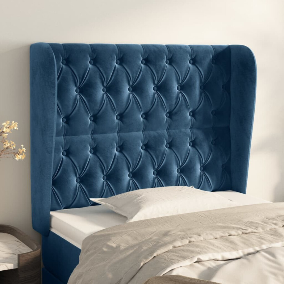 vidaXL Hoofdbord met randen 103x23x118/128 cm fluweel donkerblauw afbeelding 1