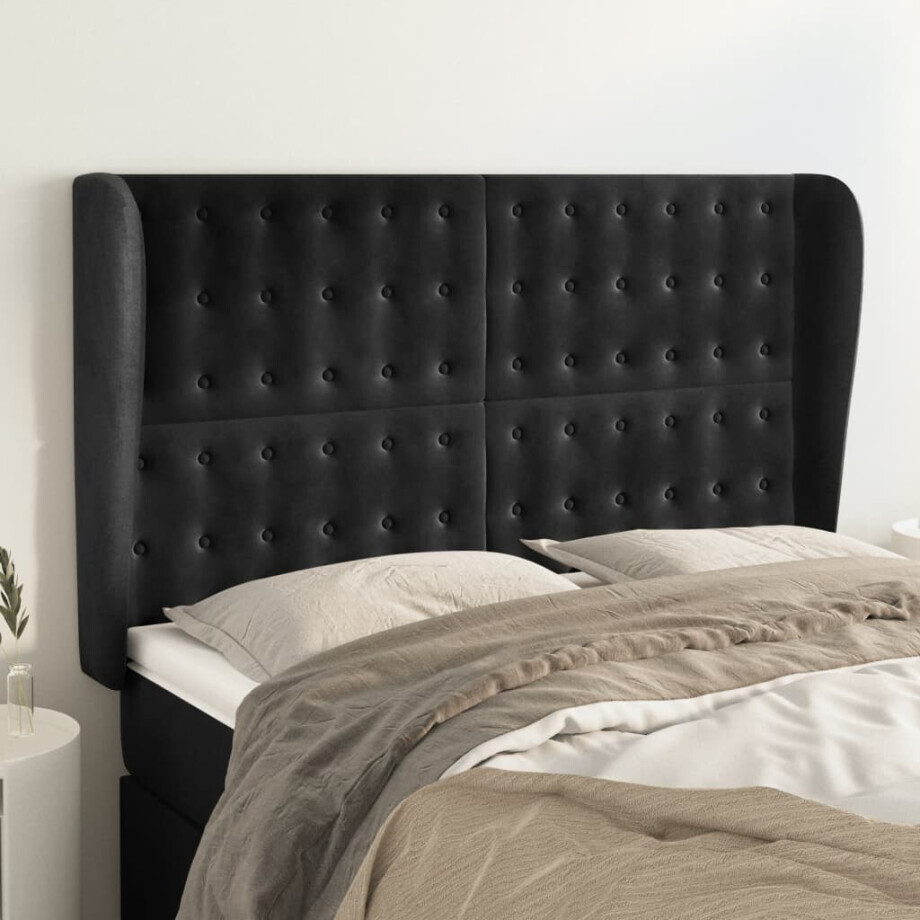vidaXL Hoofdbord met randen 147x23x118/128 cm fluweel zwart afbeelding 1