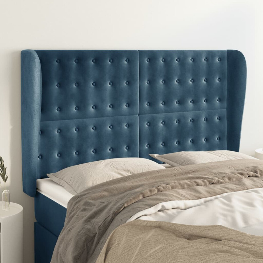 vidaXL Hoofdbord met randen 147x23x118/128 cm fluweel donkerblauw vidaXL Hoofdbord met randen 147x23x118/128 cm fluweel donkerblauw afbeelding 1