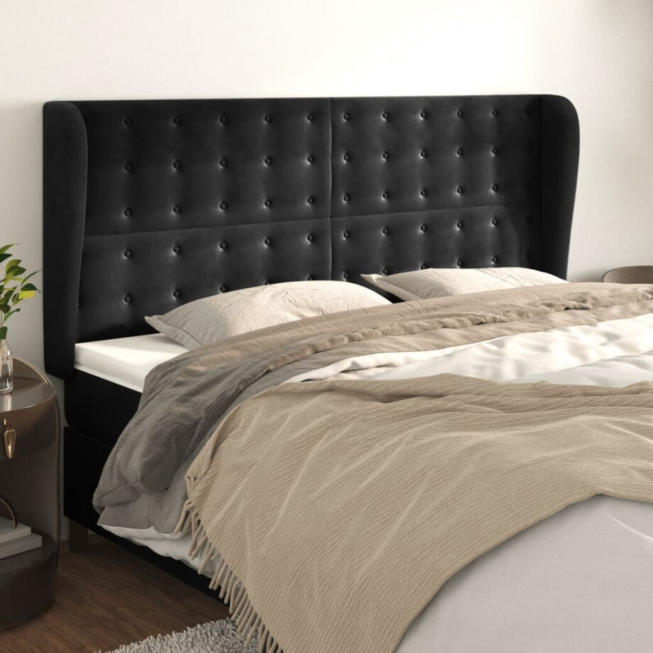 vidaXL Hoofdbord met randen 183x23x118/128 cm fluweel zwart afbeelding 1