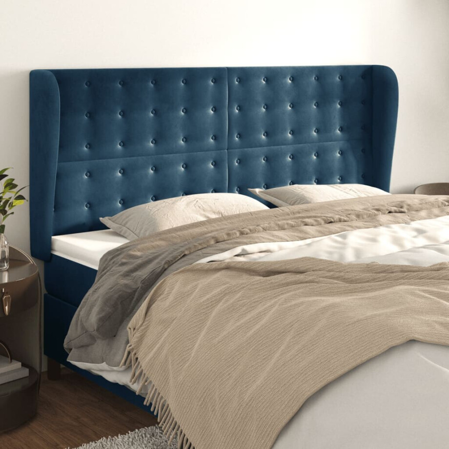 vidaXL Hoofdbord met randen 183x23x118/128 cm fluweel donkerblauw vidaXL Hoofdbord met randen 183x23x118/128 cm fluweel donkerblauw afbeelding 1