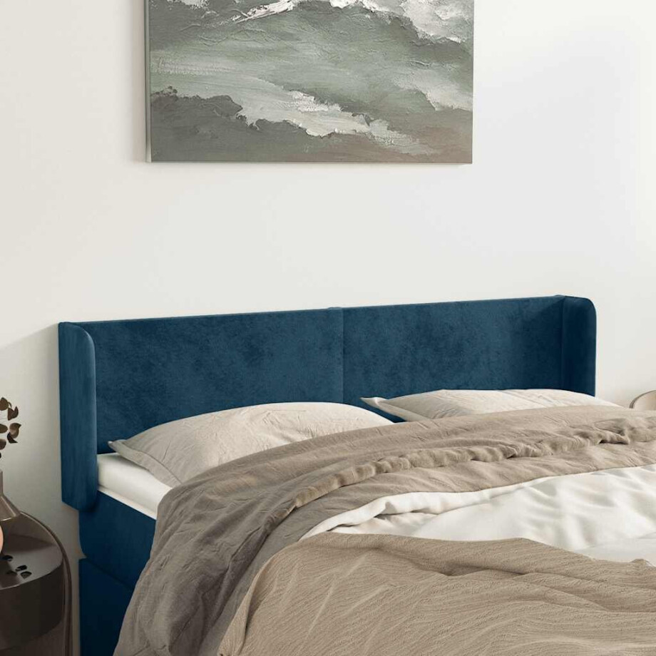 vidaXL Hoofdbord met randen 147x16x78/88 cm fluweel donkerblauw afbeelding 1