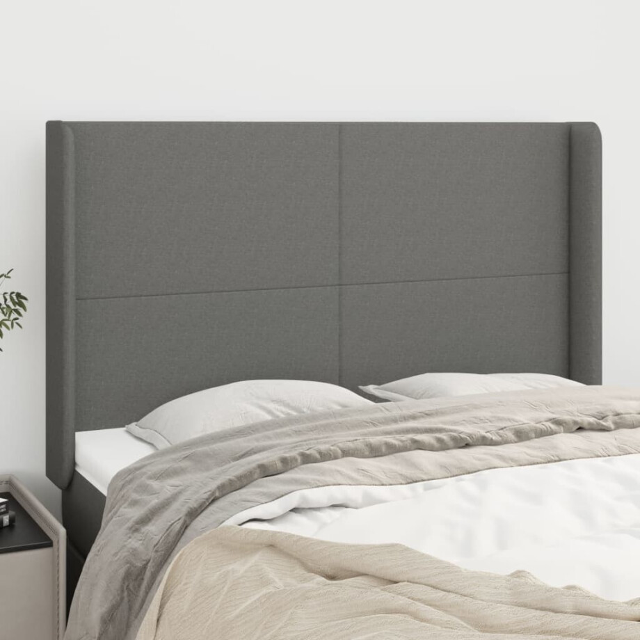 vidaXL Hoofdbord met randen 147x16x118/128 cm stof donkergrijs afbeelding 1